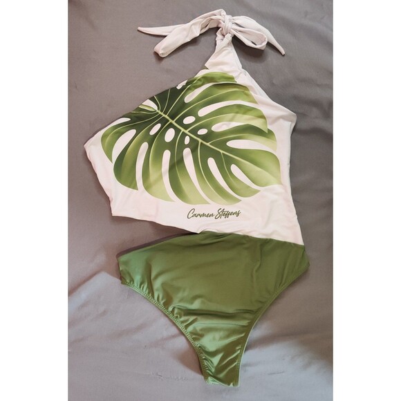 Women's Carmen Steffens Brazilian Designer One Piece Swim Suit Small Green White - Picture 4 of 6